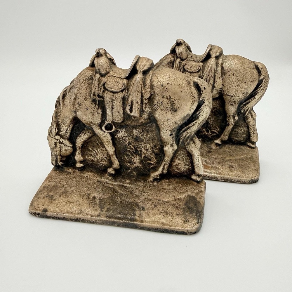 Vintage Metal 4" Horse Bookends Cast Metal Gold Patina Equestrian Decor Western